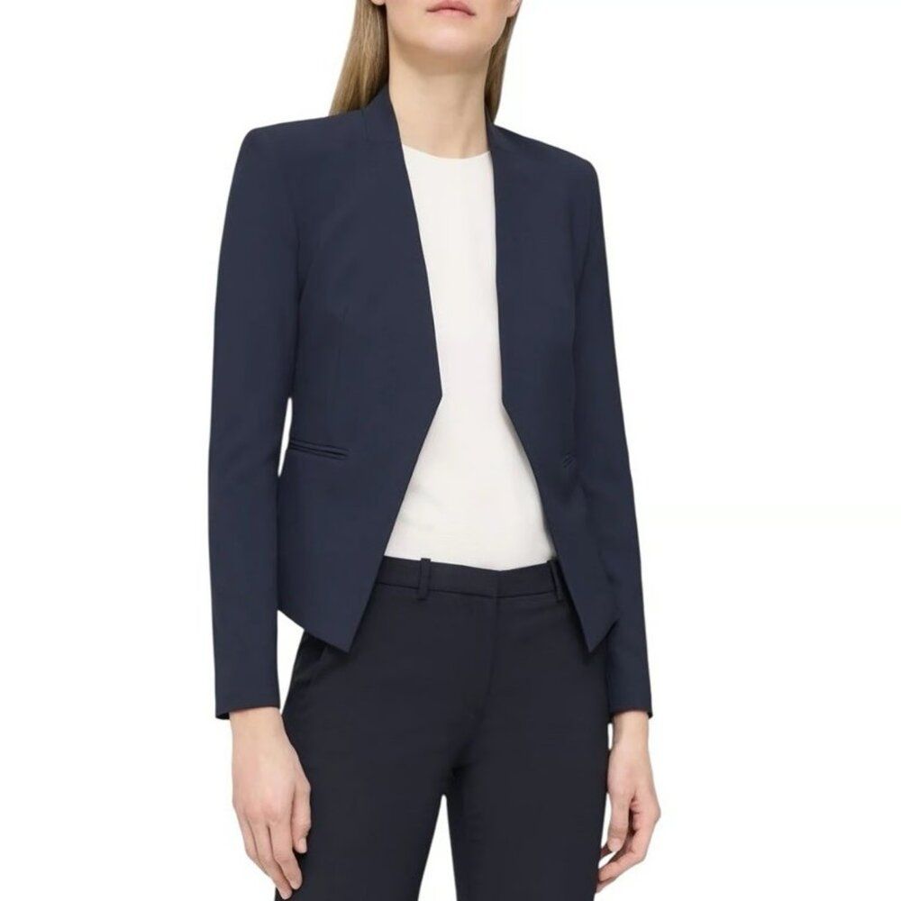 Theory $425 Lanai Collarless Open Blazer, Navy Blue, Size 0, 100% Virgin Wool